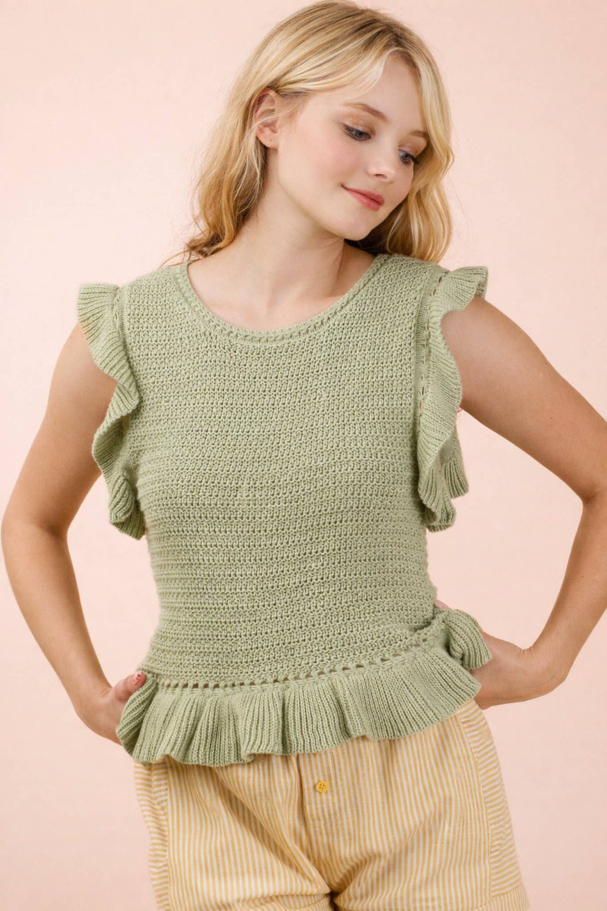 12W3640N-Ruffled Sweater Knit Top