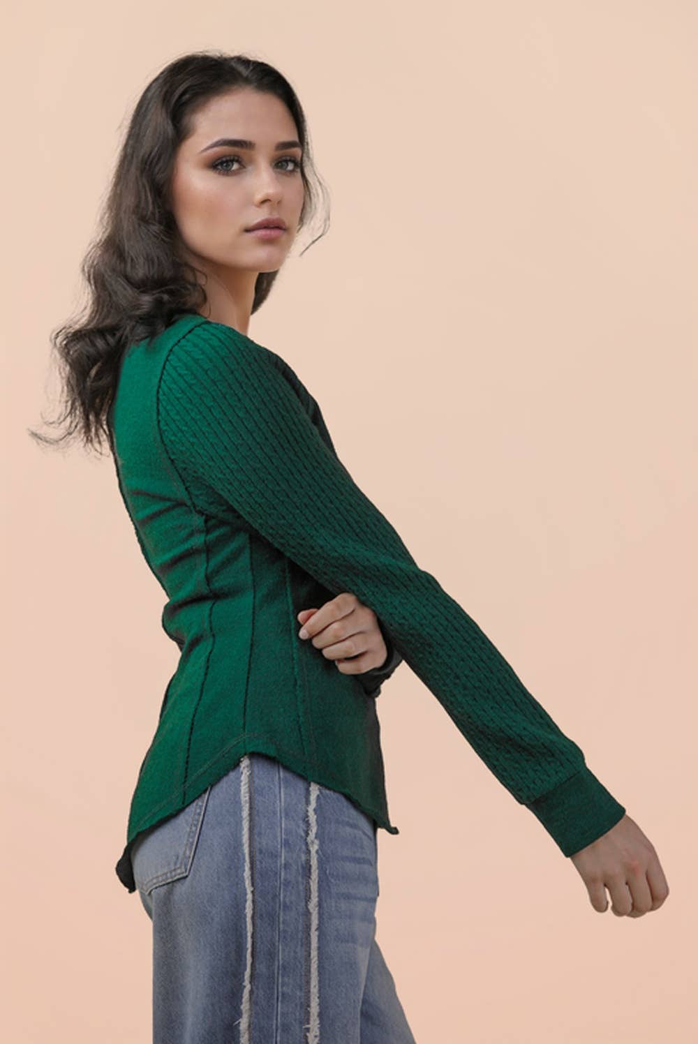NT12287-Cable Knit Sleeve Detail Fitted Casual Top