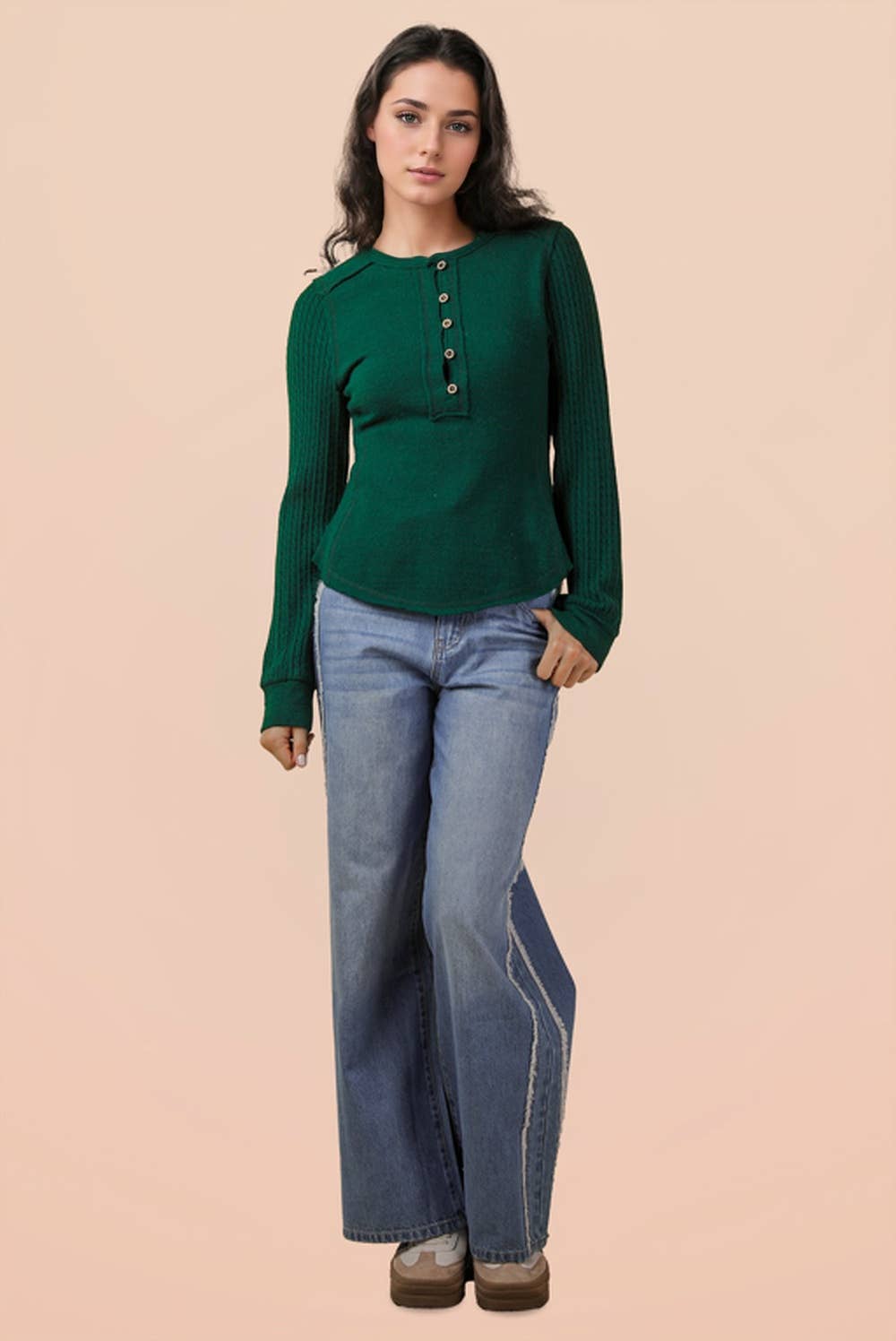 NT12287-Cable Knit Sleeve Detail Fitted Casual Top