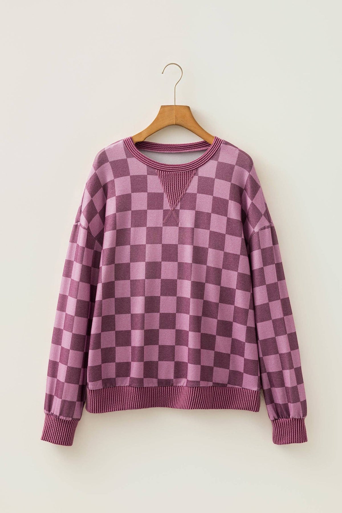 OMG! Checker Corded Knit Trim Long Sleeve Top