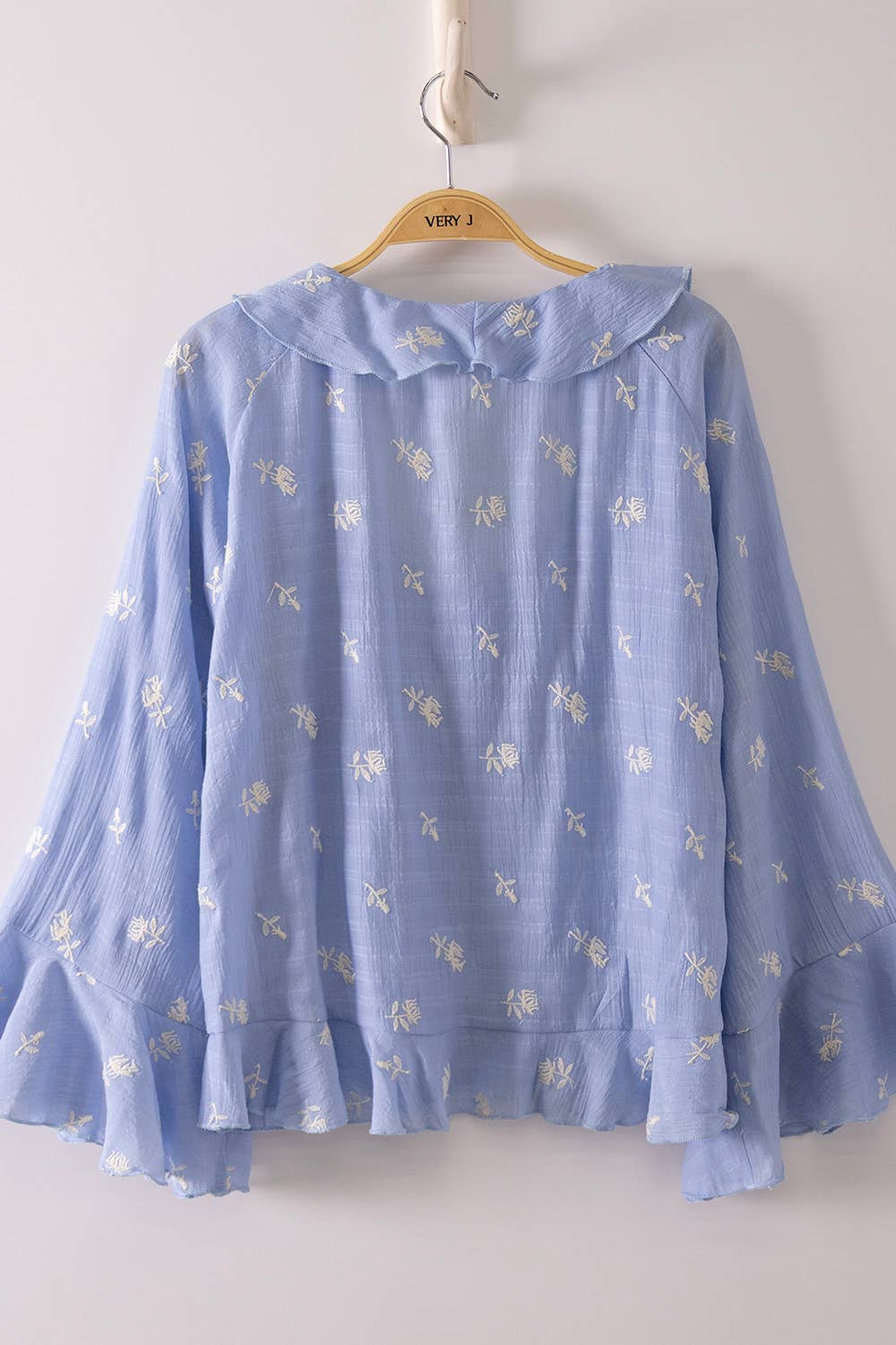 NT12596-Floral Embroidery Ruffled Blouse Top