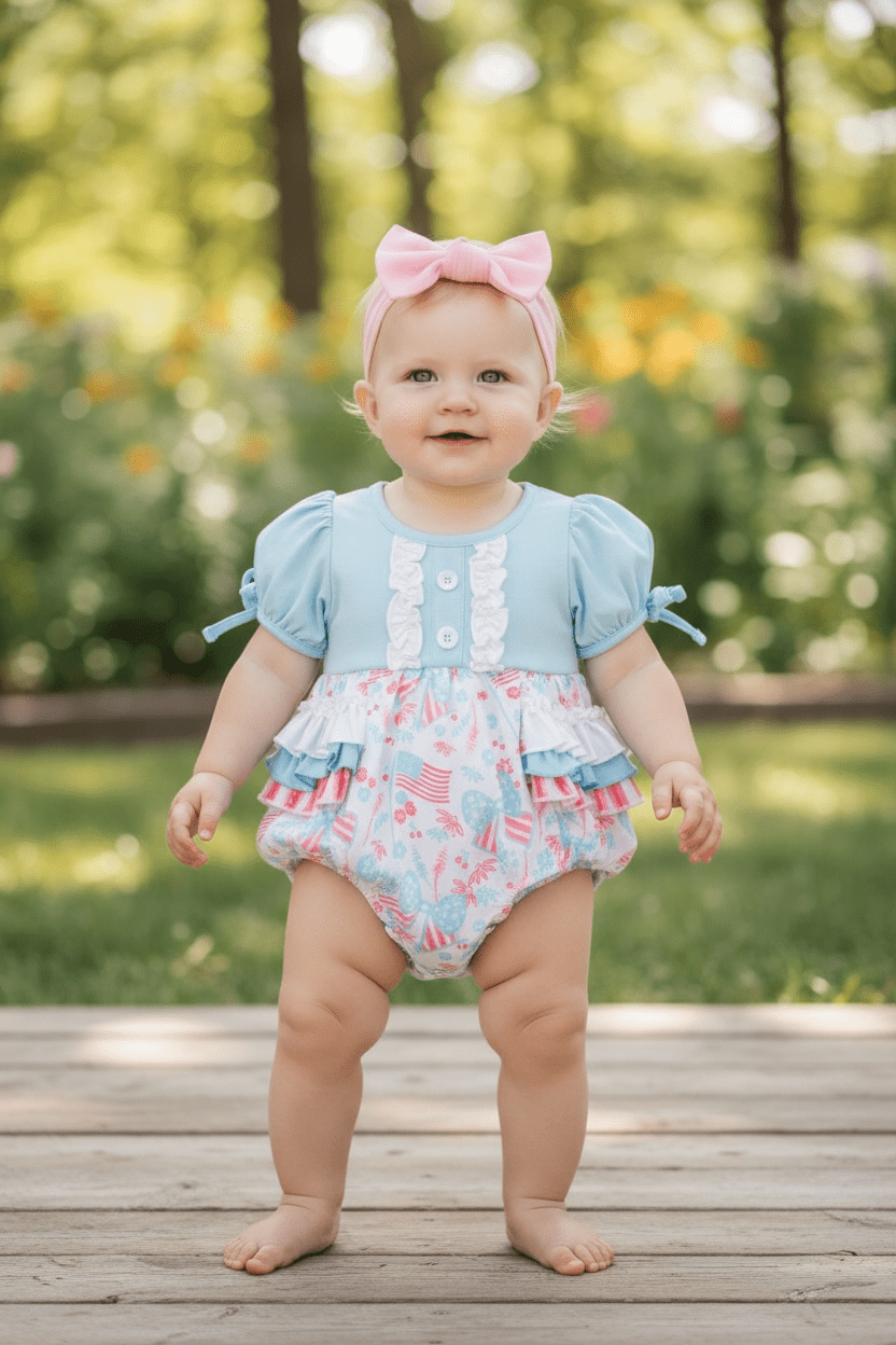 Baby blue multi - printed patriotic baby romper. RPG60554 AMY - Adalynn Leanne