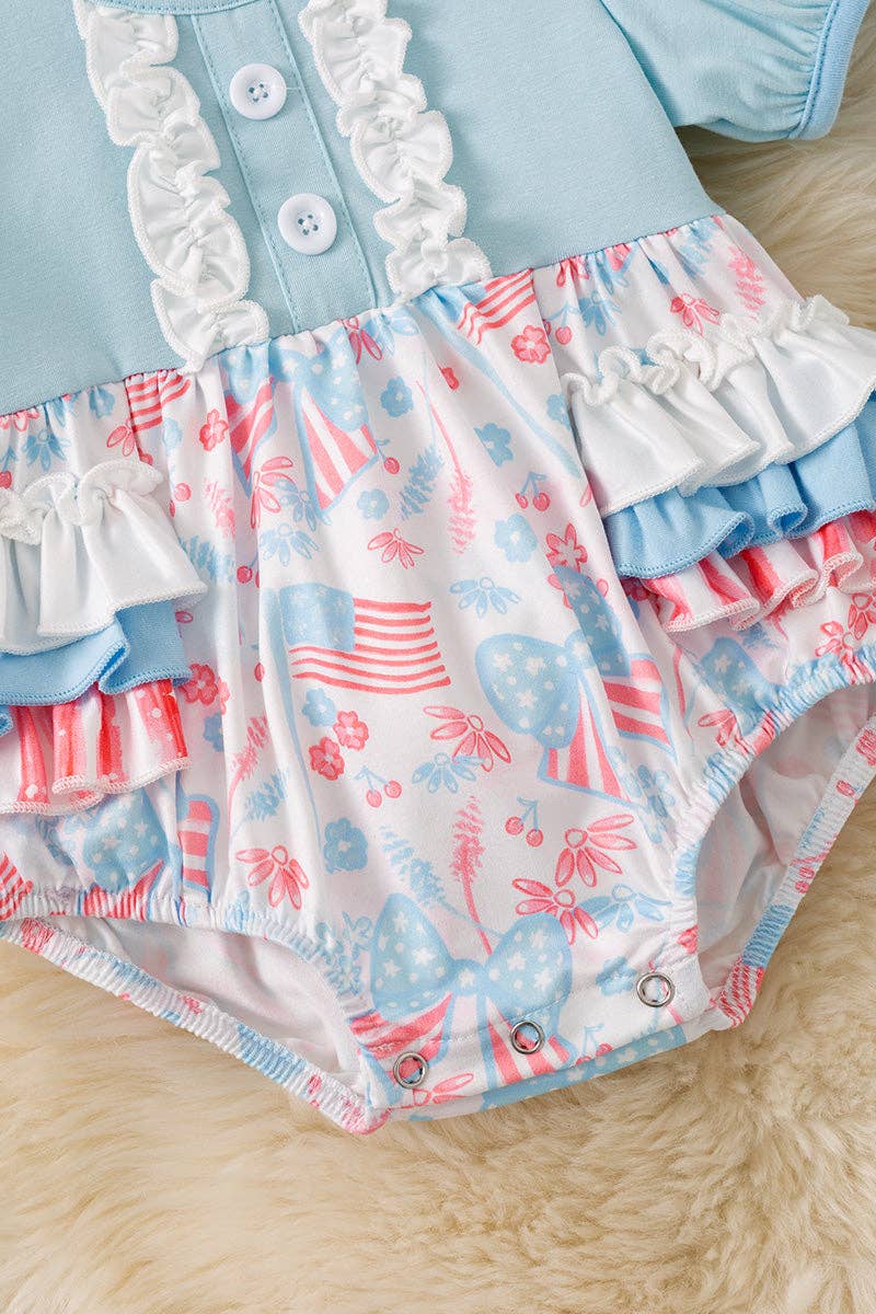 Baby blue multi - printed patriotic baby romper. RPG60554 AMY - Adalynn Leanne