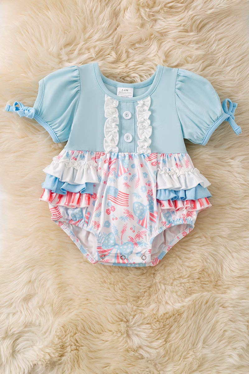 Baby blue multi - printed patriotic baby romper. RPG60554 AMY - Adalynn Leanne
