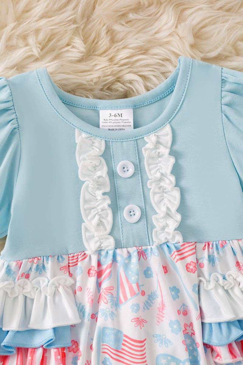 Baby blue multi - printed patriotic baby romper. RPG60554 AMY - Adalynn Leanne