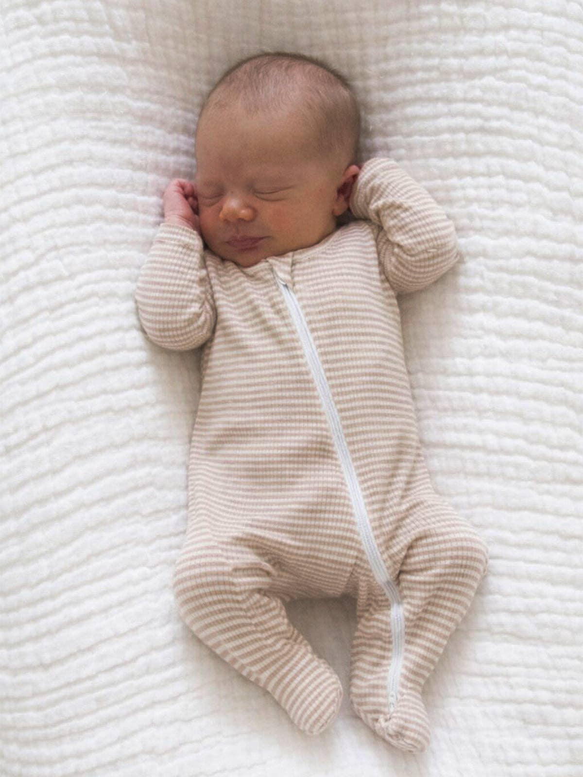 Tan Stripe / Ribbed 2-Way Zip Footie