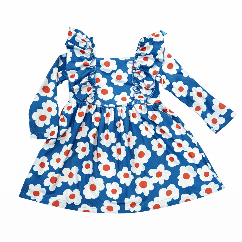 Blue and Orange Daisy Ruffle Dress - Adalynn Leanne