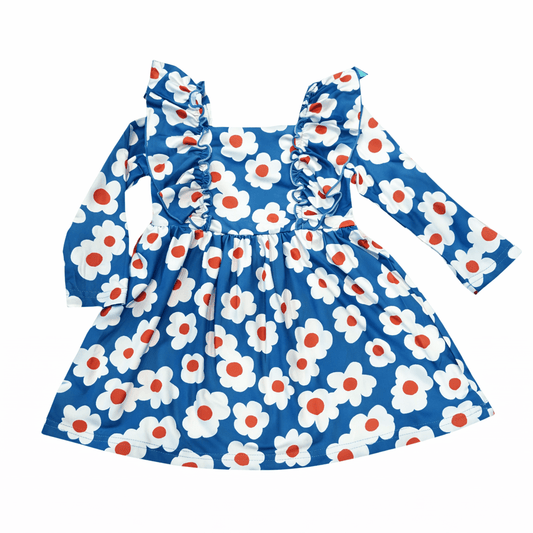 Blue and Orange Daisy Ruffle Dress - Adalynn Leanne