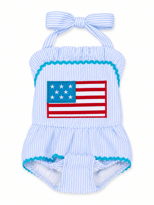 Blue and White Striped American Flag Girls Romper - Adalynn Leanne