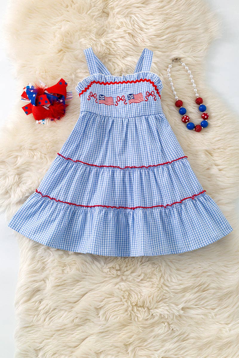 Blue gingham patriotic tiered dress. DRG60732 AMY - Adalynn Leanne