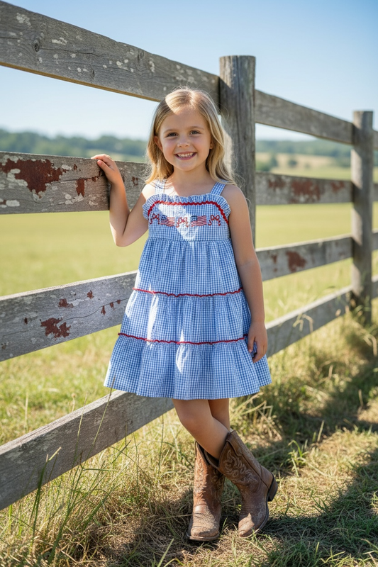 Blue gingham patriotic tiered dress. DRG60732 AMY - Adalynn Leanne