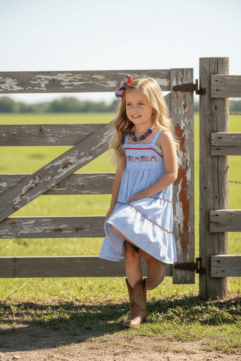 Blue gingham patriotic tiered dress. DRG60732 AMY - Adalynn Leanne