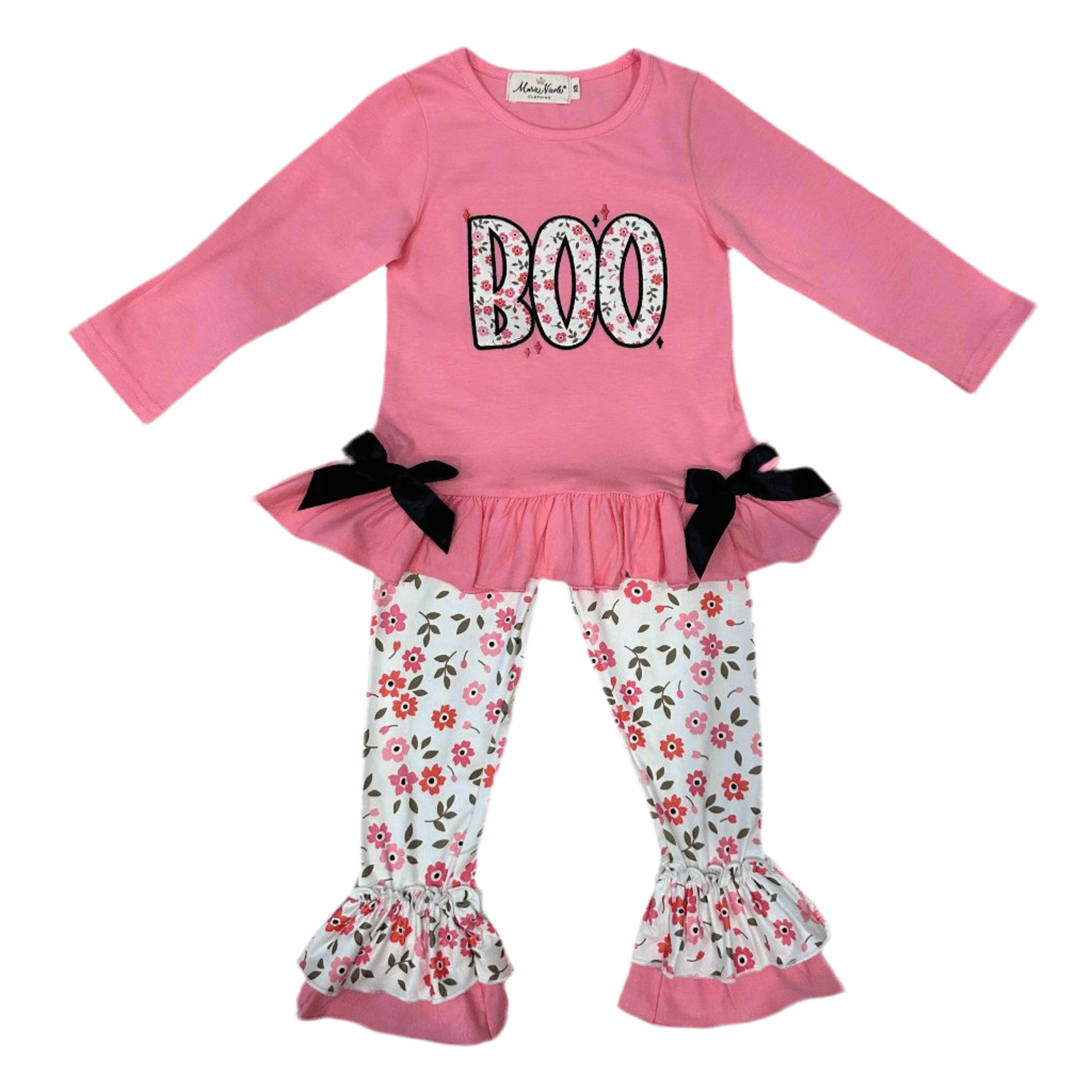 Bright Pink Floral "Boo" Ruffle Outfit - Adalynn Leanne