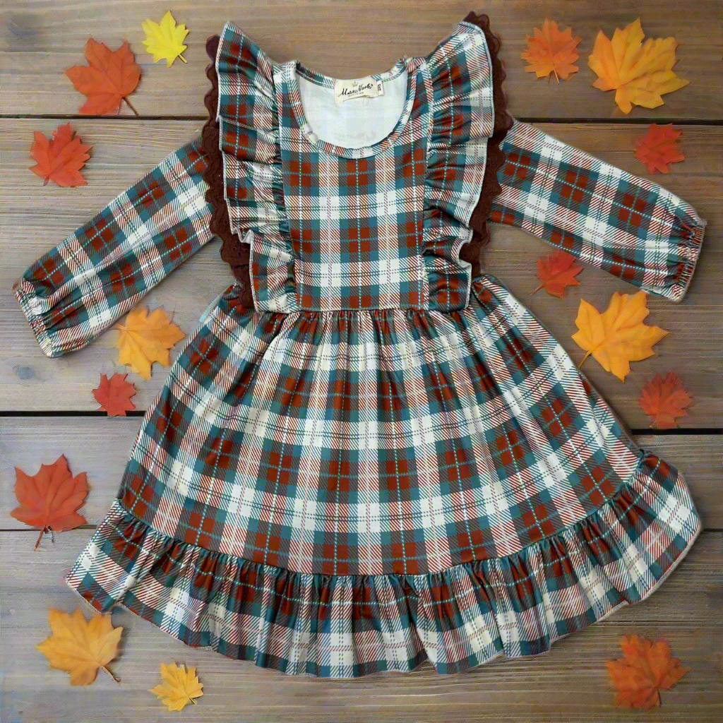 Brown and Plaid Ruffle Dress - Adalynn Leanne