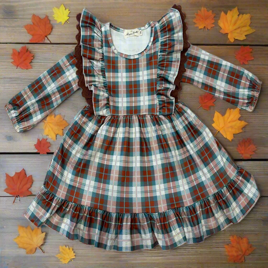 Brown and Plaid Ruffle Dress - Adalynn Leanne