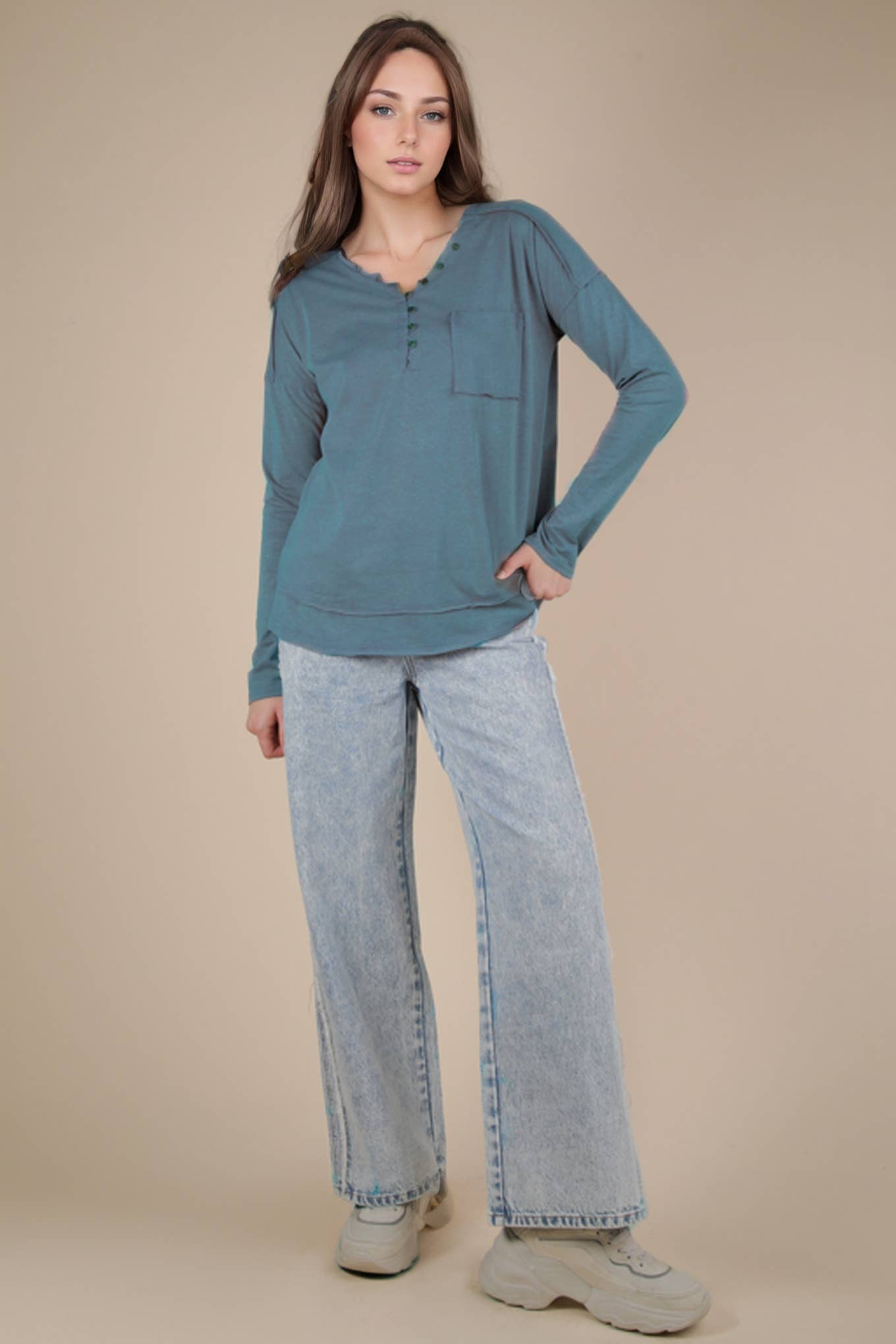 NT11795-Mineral Washed Cotton Comfy Knit Top