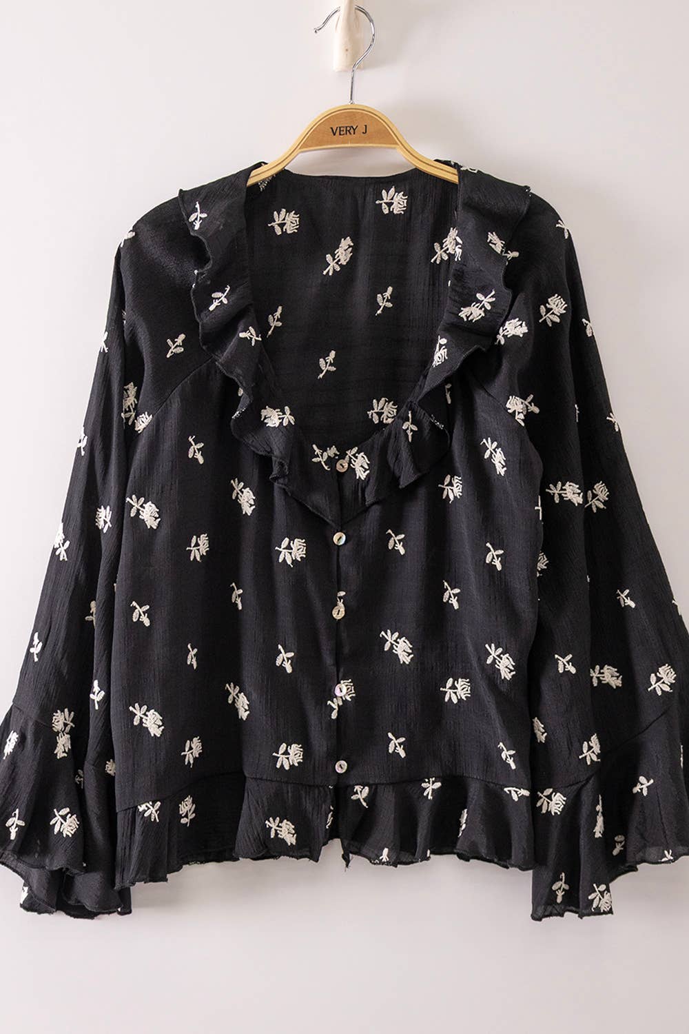 NT12596-Floral Embroidery Ruffled Blouse Top