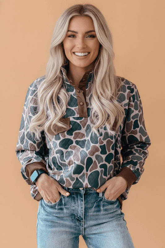 Camo Colorblock Snap Button Pullover Sweatshirt - Adalynn Leanne