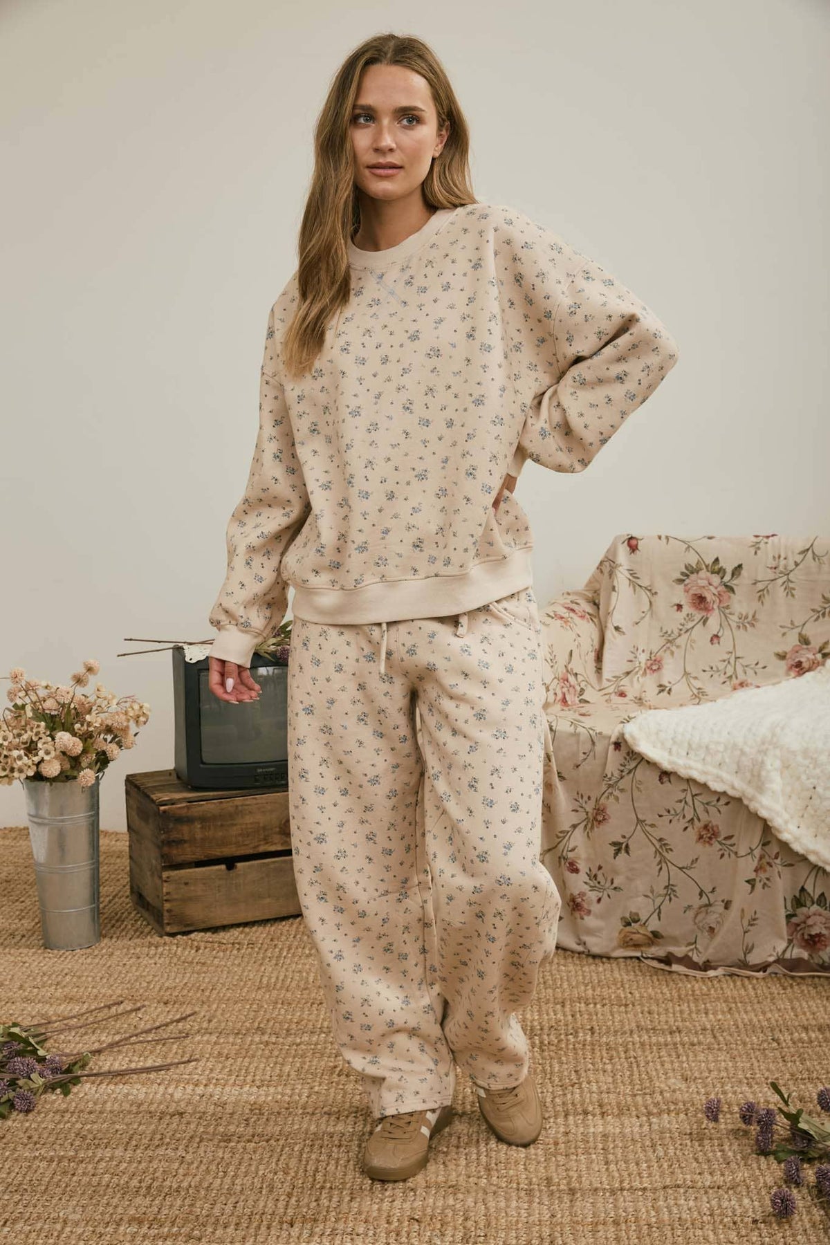 DITSY FLORAL KHAKI BOXY CREW NECK SWEATSHIRT