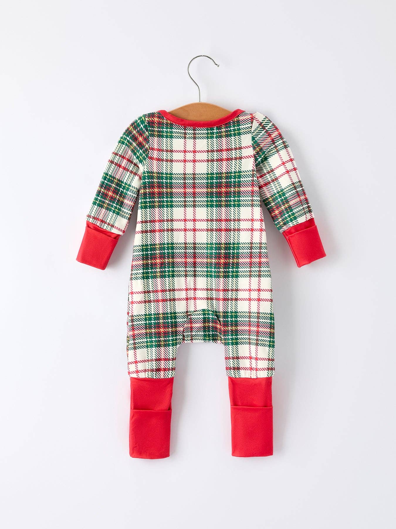 Christmas Plaid Baby Romper with Long Sleeves and Red Cuffs - Adalynn Leanne