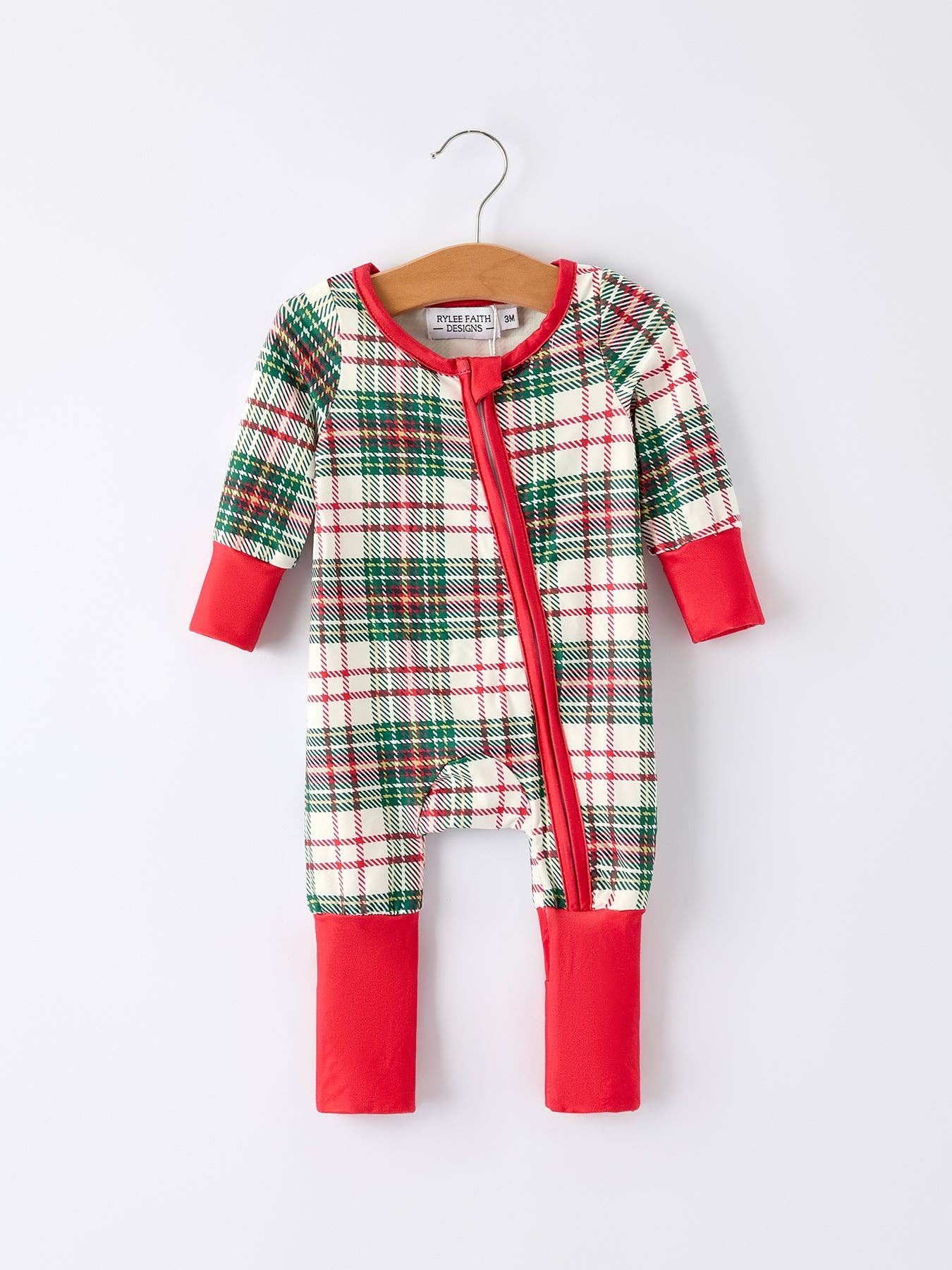 Christmas Plaid Baby Romper with Long Sleeves and Red Cuffs - Adalynn Leanne