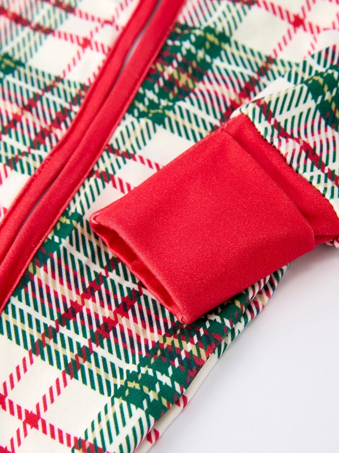 Christmas Plaid Baby Romper with Long Sleeves and Red Cuffs - Adalynn Leanne