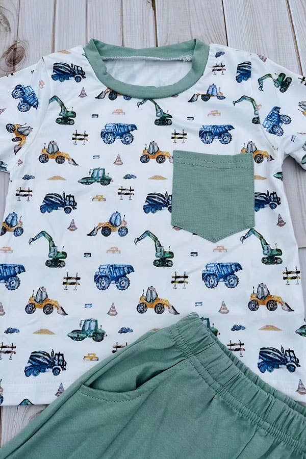 Construction vehicles top & blue shorts 2pc boy set 2601015 - Adalynn Leanne