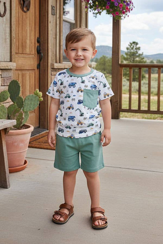 Construction vehicles top & blue shorts 2pc boy set 2601015 - Adalynn Leanne