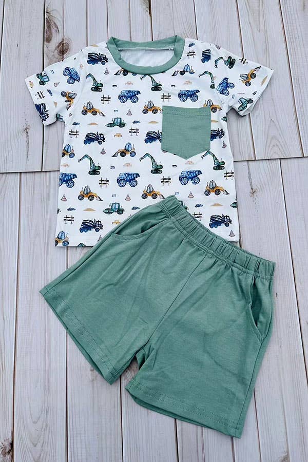 Construction vehicles top & blue shorts 2pc boy set 2601015 - Adalynn Leanne