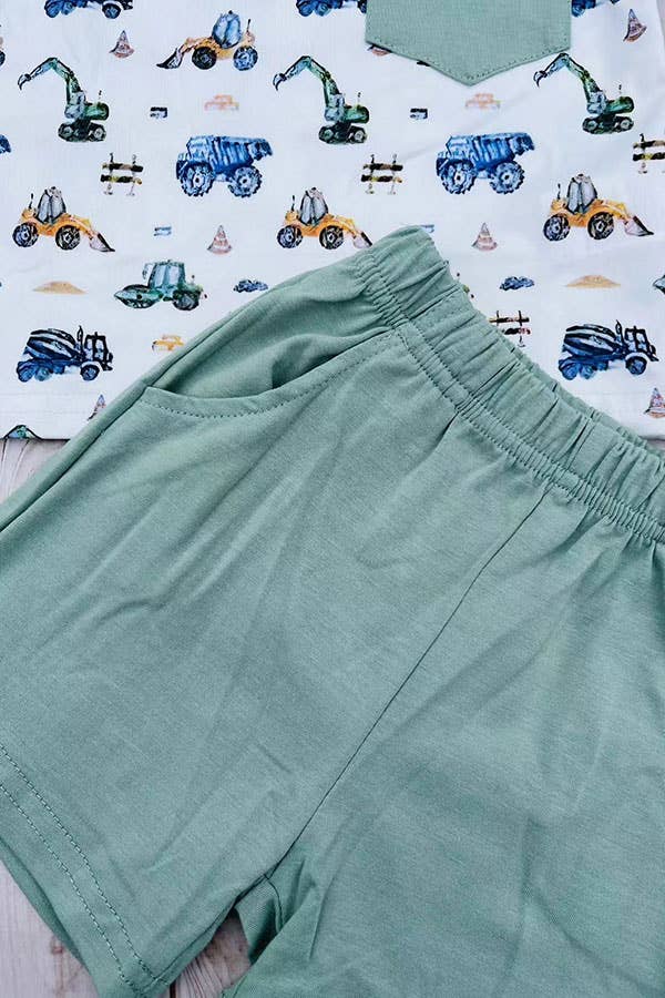 Construction vehicles top & blue shorts 2pc boy set 2601015 - Adalynn Leanne