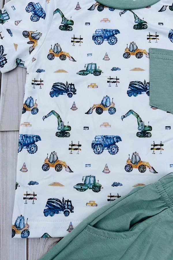 Construction vehicles top & blue shorts 2pc boy set 2601015 - Adalynn Leanne