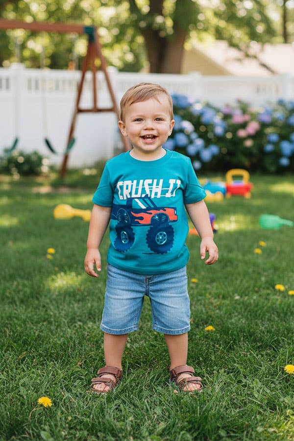 CRUSH IT & monster truck teal boy's t-shirt 2601025M - Adalynn Leanne