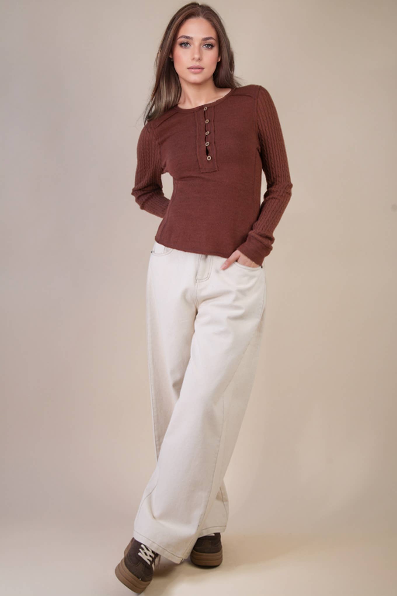 NT12287-Cable Knit Sleeve Detail Fitted Casual Top