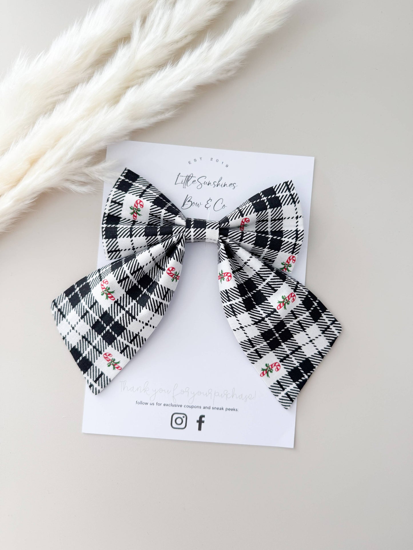 Black & White Plaid Candy Canes Christmas Sailor Bow, Small