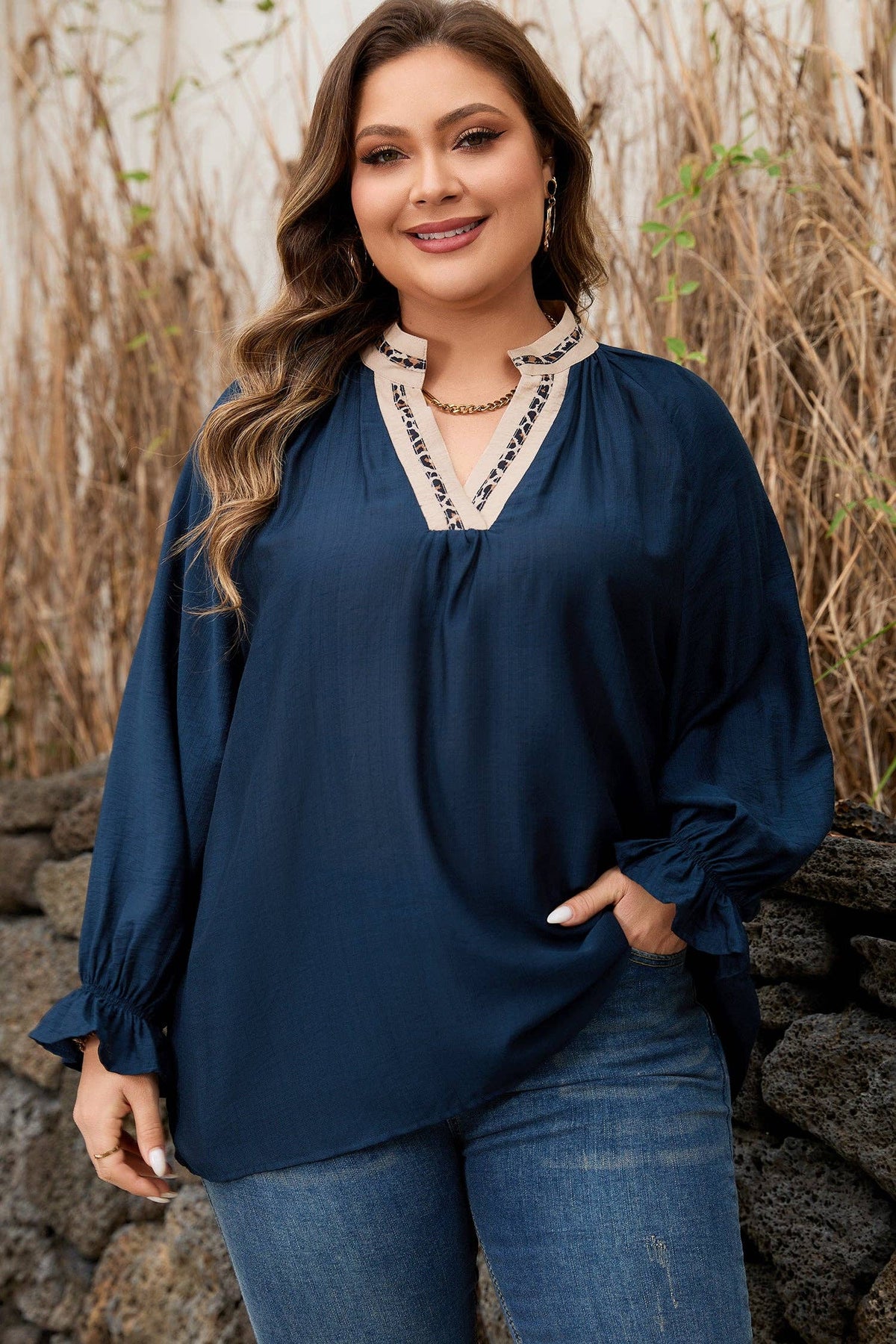 OMG! Plus Size Leopard Contrast Collar Long Sleeve Blouse