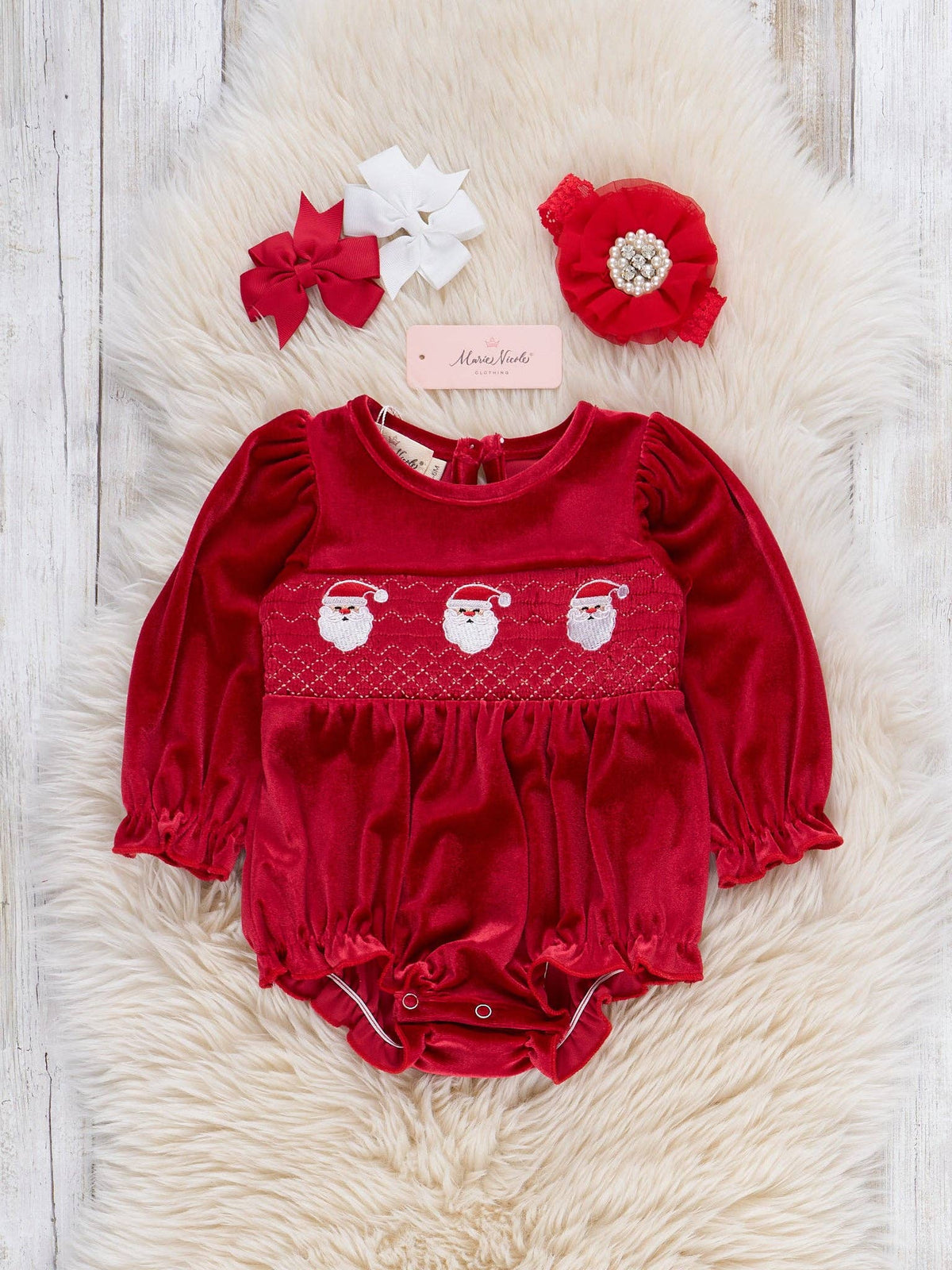 Ruby Santa Smocked Velvet Bubble Romper