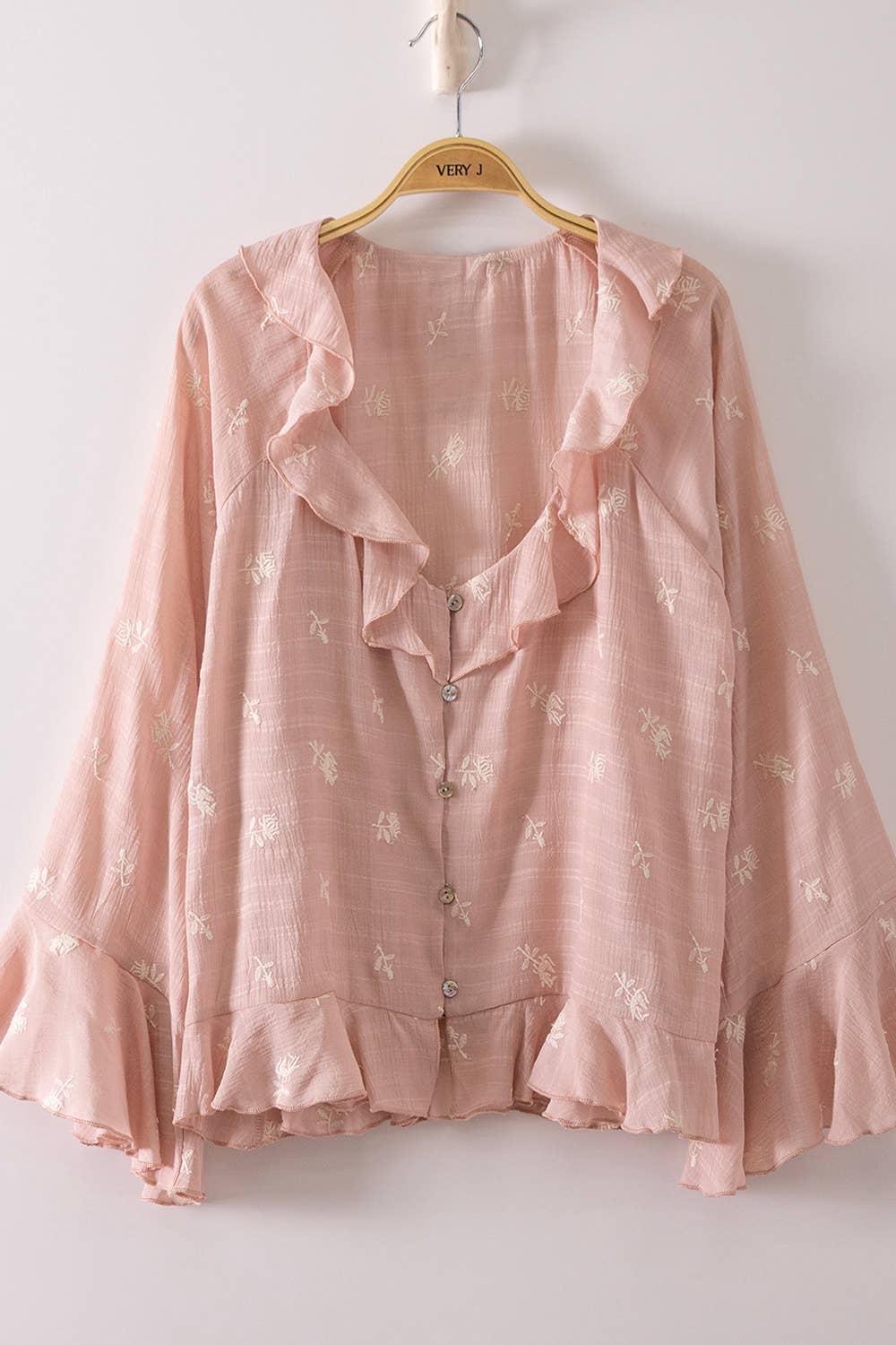 NT12596-Floral Embroidery Ruffled Blouse Top