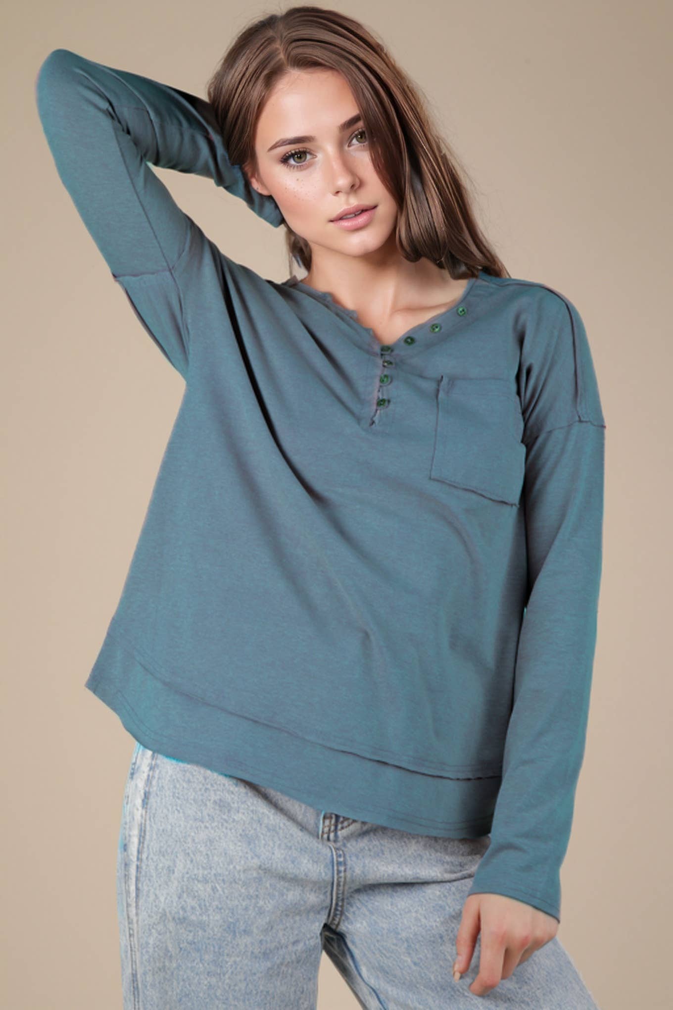 NT11795-Mineral Washed Cotton Comfy Knit Top