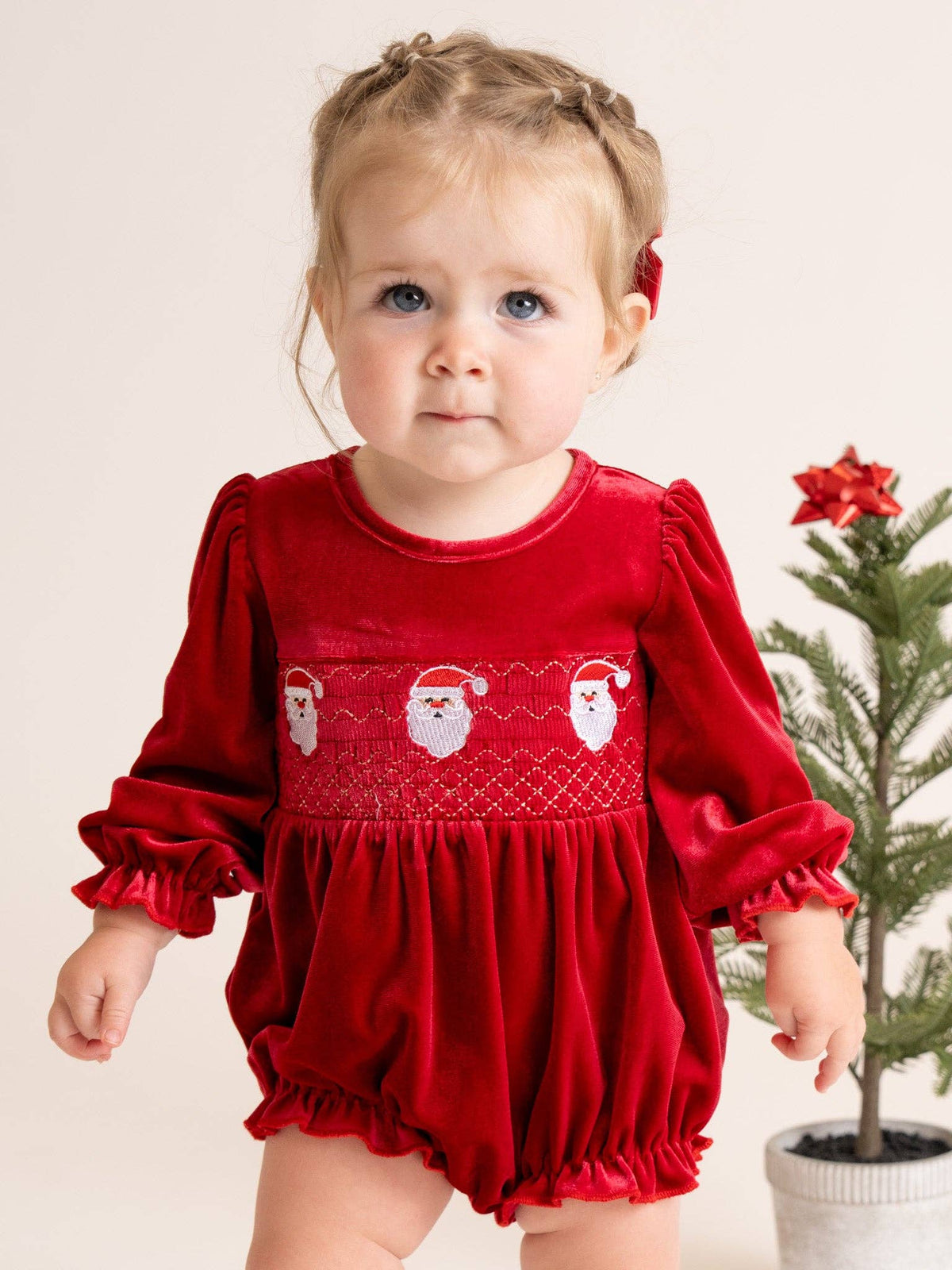 Ruby Santa Smocked Velvet Bubble Romper