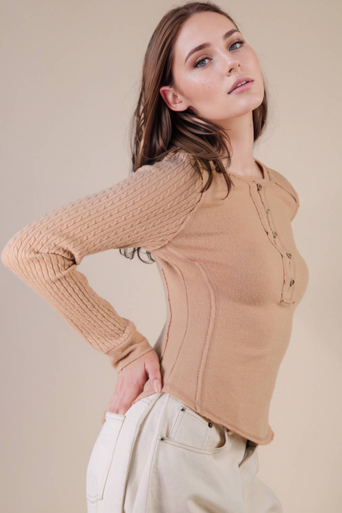 NT12287-Cable Knit Sleeve Detail Fitted Casual Top