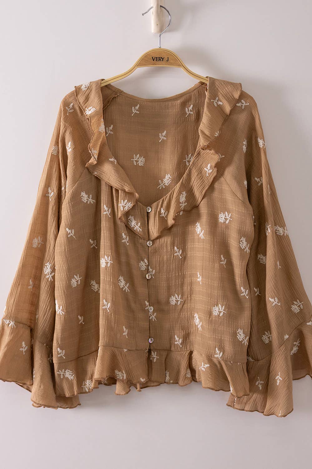 NT12596-Floral Embroidery Ruffled Blouse Top