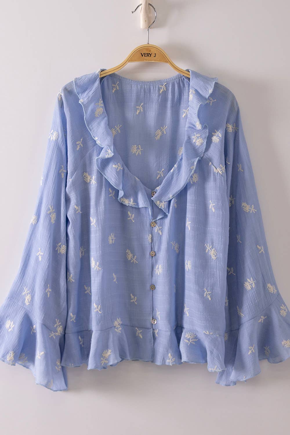 NT12596-Floral Embroidery Ruffled Blouse Top