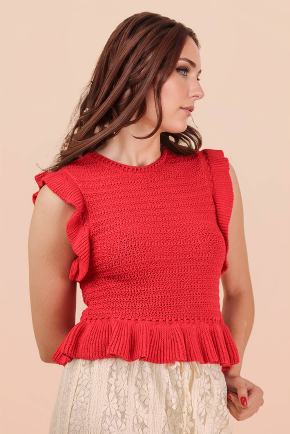 12W3640N-Ruffled Sweater Knit Top