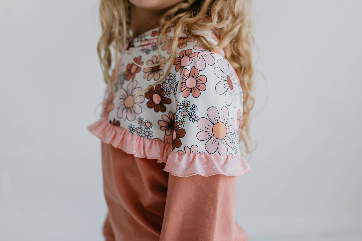 Girls Desert Tan Retro Flower Ruffle Hoodie Loungewear Set