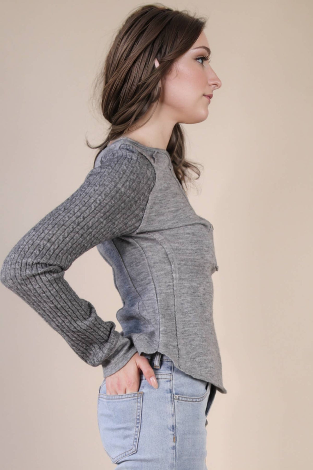 NT12287-Cable Knit Sleeve Detail Fitted Casual Top
