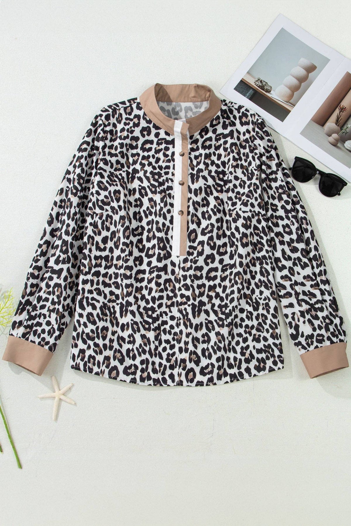 OMG! Plus Size Leopard Contrast Trim Half Button Top