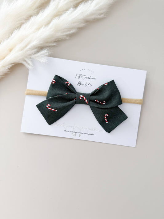 Green Candy Canes Christmas Pinwheel Hair Bow, Nylon Headband