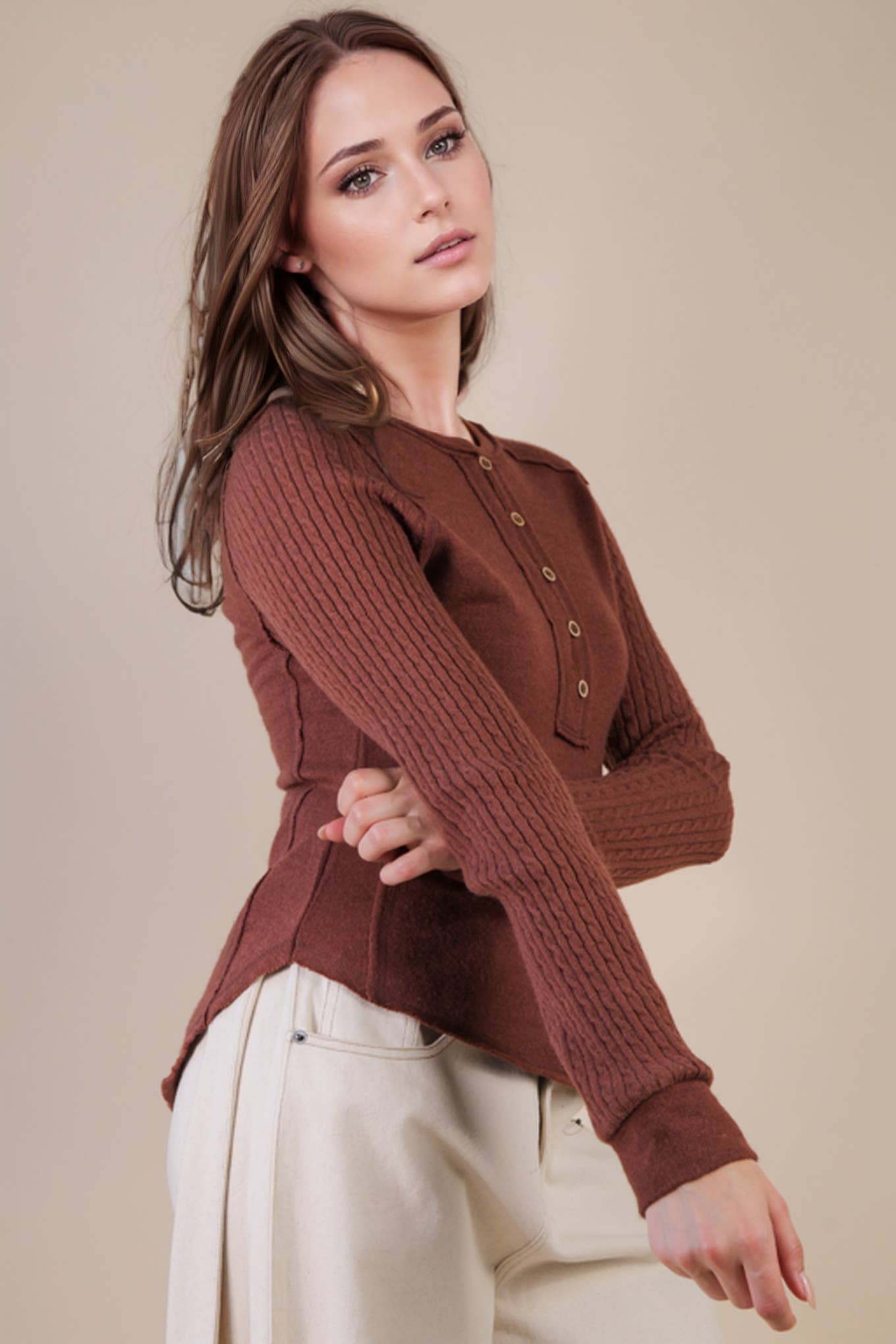 NT12287-Cable Knit Sleeve Detail Fitted Casual Top