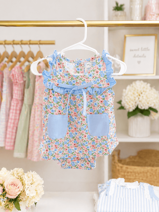 Floral blue and coral baby romper - Adalynn Leanne