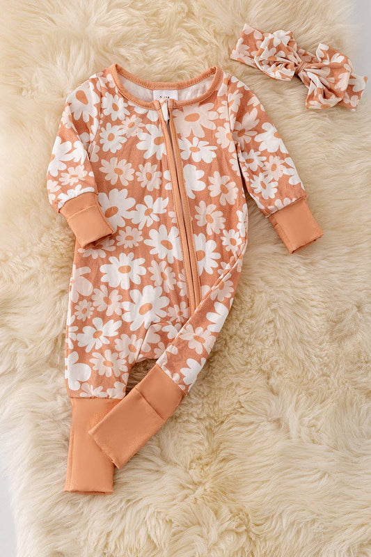 🎍Floral printed convertible footie baby romper w/matching headband. RPG50164 - Adalynn Leanne